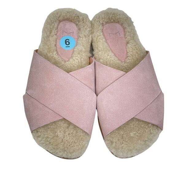 Marc Fisher Slide Sandal SZ 6 Fuzzy Canna Pink Open Shearling Suede Crisscross - Picture 1 of 9